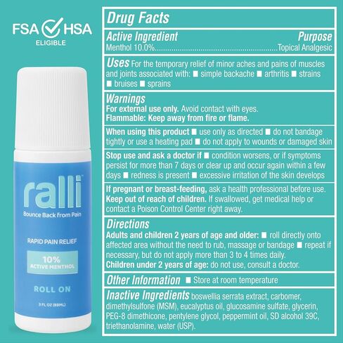 ralli Rapid Pain Relief 3oz Roll-On for Muscle Aches, Joint, Arthritis, Knee, Neck, Hip Pain, Foot Pain, Backache Pain-Relief, Dye Free, Made in USA in Kuwait