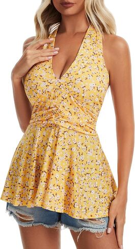 Women's Sexy Halter V Neck Cami Sleeveless Spring Summer Beach Peplum Babydoll Tops Going Out in Saudi Arabia