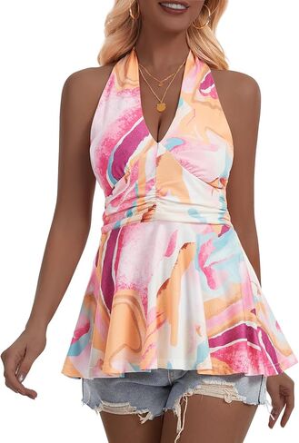 Women's Sexy Halter V Neck Cami Sleeveless Spring Summer Beach Peplum Babydoll Tops Going Out in Kuwait