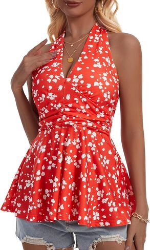 Women's Sexy Halter V Neck Cami Sleeveless Spring Summer Beach Peplum Babydoll Tops Going Out in Kuwait