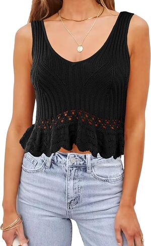 Womens Crochet Crop Tank Tops Summer Cute Sleeveless Ruffle V Neck Knit Peplum Sweater Vest in Saudi Arabia