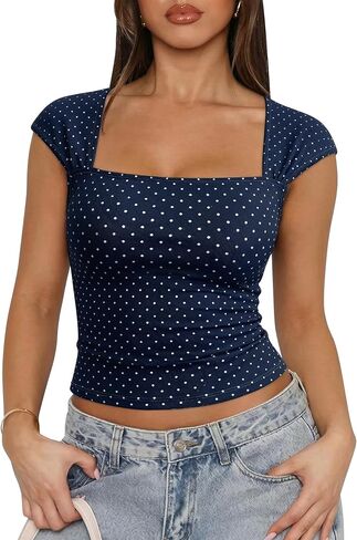Women's Polka Dot Top Square Neck Crop Tank Cotton Shirt Summer Y2K Babydoll Top in Saudi Arabia