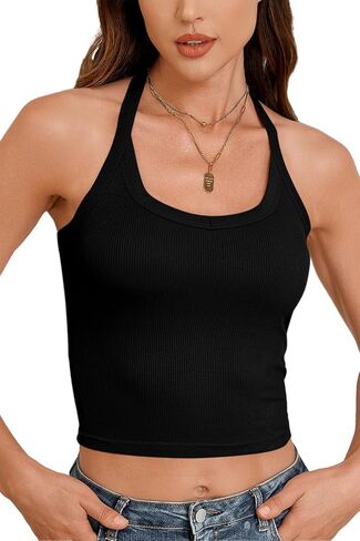 Womens Halter Ribbed Tank Top Cropped Going Out Shirts 2026 in Saudi Arabia