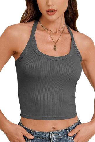 Womens Halter Ribbed Tank Top Cropped Going Out Shirts 2026 in Saudi Arabia