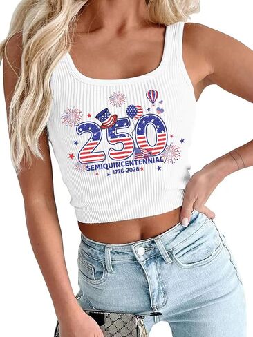 4th of July Shirts Women Patriotic Crop Tank Tops USA 250th Anniversary American Flag Sleeveless Ribbed Casual Tops in Saudi Arabia