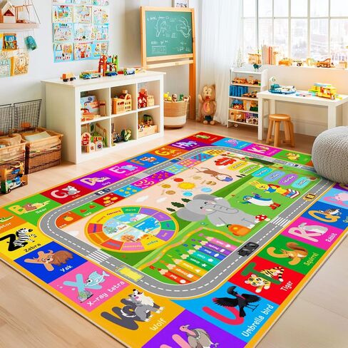 Pionblank Kids Rug for Playroom Classroom, 5x7 Area Rugs Playmat for Learning Animal Alphabet Fruit Numbers Color Season Month,Washable Non Slip Carpet for Toddler Nursery in Saudi Arabia
