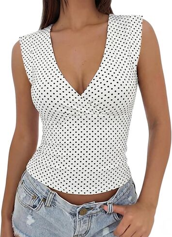Polka Dot Tank Top for Women Wrap Deep V Neck Sleeveless Crop Going Out Low Cut Cami Tops Summer Trendy Cute Outfits in Kuwait