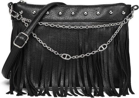 Trendy Fringe Crossbody Bag Boho Western Sling Bag Black Purse Hippie Braided Women Bag with Pig-nose Chain in Saudi Arabia