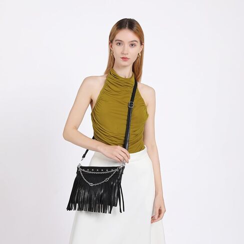Trendy Fringe Crossbody Bag Boho Western Sling Bag Black Purse Hippie Braided Women Bag with Pig-nose Chain in Saudi Arabia