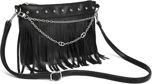 Trendy Fringe Crossbody Bag Boho Western Sling Bag Black Purse Hippie Braided Women Bag with Pig-nose Chain in Saudi Arabia
