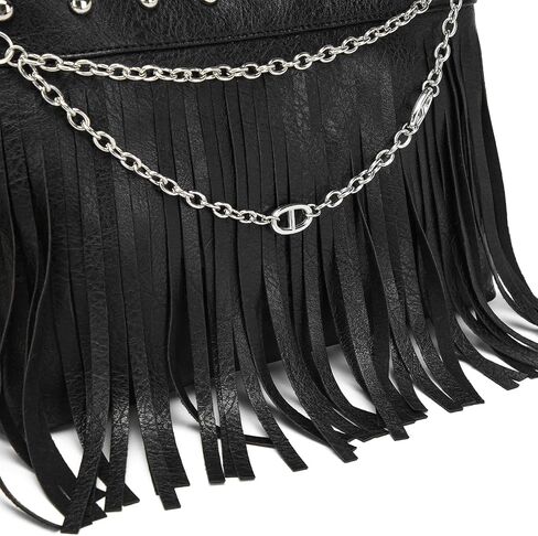 Trendy Fringe Crossbody Bag Boho Western Sling Bag Black Purse Hippie Braided Women Bag with Pig-nose Chain in Saudi Arabia