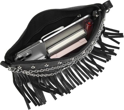 Trendy Fringe Crossbody Bag Boho Western Sling Bag Black Purse Hippie Braided Women Bag with Pig-nose Chain in Saudi Arabia