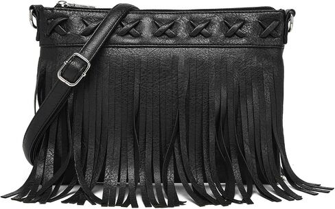 Trendy Fringe Crossbody Bag Boho Western Sling Bag Black Purse Hippie Braided Women Bag with Pig-nose Chain in Saudi Arabia