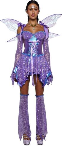 مجموعة أزياء Dolls Kill Cyber ​​Fairy من Trickz N' Treatz - فستان جنية نسائي مزين بالترتر مع أجنحة وإكسسوارات in Kuwait