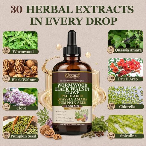 30-in-1 Liposomal Wormwood Black Walnut Clove Cleanse for Humans Tincture - Rapid Gut Cleanse & Digestive Support with PAU D'Arco Garlic Soursop Pumpkin Seed Oregano | High Absorption |4 Fl Oz (120mL) in Saudi Arabia