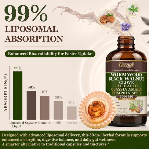 30-in-1 Liposomal Wormwood Black Walnut Clove Cleanse for Humans Tincture - Rapid Gut Cleanse & Digestive Support with PAU D'Arco Garlic Soursop Pumpkin Seed Oregano | High Absorption |4 Fl Oz (120mL) in Saudi Arabia