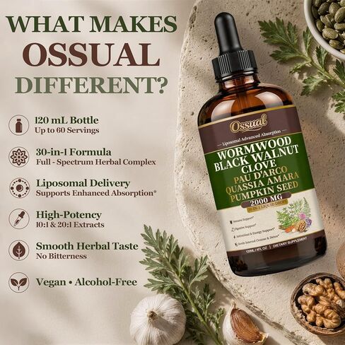 30-in-1 Liposomal Wormwood Black Walnut Clove Cleanse for Humans Tincture - Rapid Gut Cleanse & Digestive Support with PAU D'Arco Garlic Soursop Pumpkin Seed Oregano | High Absorption |4 Fl Oz (120mL) in Saudi Arabia