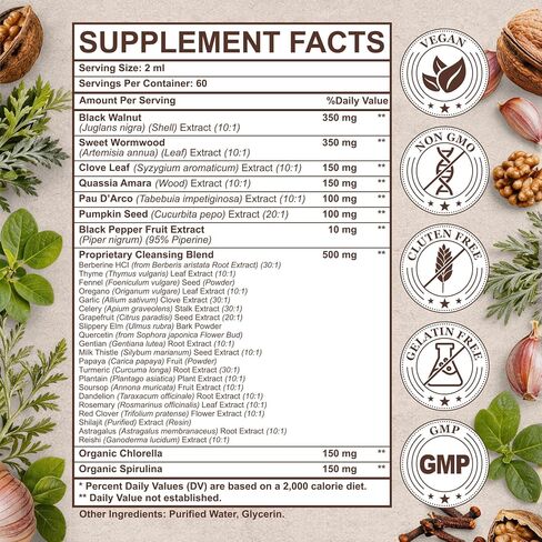 30-in-1 Liposomal Wormwood Black Walnut Clove Cleanse for Humans Tincture - Rapid Gut Cleanse & Digestive Support with PAU D'Arco Garlic Soursop Pumpkin Seed Oregano | High Absorption |4 Fl Oz (120mL) in Saudi Arabia