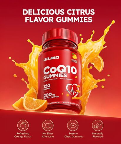 DR.BIO CoQ10 200 ملغ علكات مع فيتامين E ومستخلص الفلفل الأسود - دعم صحة القلب والطاقة الخلوية، تركيبة مضادة للأكسدة، علكات البكتين البرتقالية، مكمل يومي سهل المضغ للبالغين (118 قطعة) in Kuwait