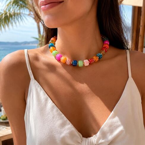 Colorful Beaded Necklace for Women Trendy, Chunky Resin Bead Statement Necklace, Multi Colored Boho Necklace, Bold Summer Vacation Jewelry, Funky Large Bead Necklace in Saudi Arabia