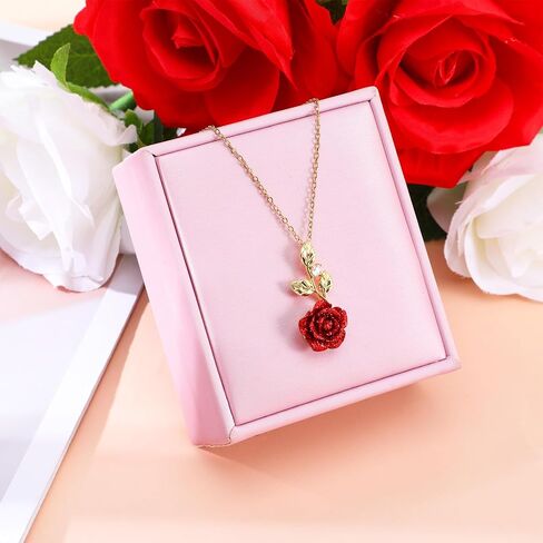 Rose Necklace, Red Rose Necklace Gold Jewelry for Women Aesthetic Flower Pendant for Wife Girlfriend Dainty Necklaces for Birthday Valentine Gift Cute Red Floral Necklaces in Saudi Arabia