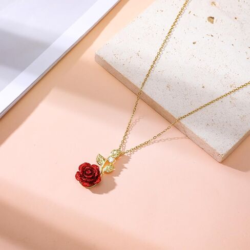 Rose Necklace, Red Rose Necklace Gold Jewelry for Women Aesthetic Flower Pendant for Wife Girlfriend Dainty Necklaces for Birthday Valentine Gift Cute Red Floral Necklaces in Saudi Arabia