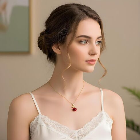 Rose Necklace, Red Rose Necklace Gold Jewelry for Women Aesthetic Flower Pendant for Wife Girlfriend Dainty Necklaces for Birthday Valentine Gift Cute Red Floral Necklaces in Saudi Arabia