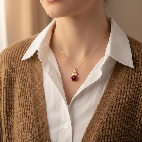 Rose Necklace, Red Rose Necklace Gold Jewelry for Women Aesthetic Flower Pendant for Wife Girlfriend Dainty Necklaces for Birthday Valentine Gift Cute Red Floral Necklaces in Saudi Arabia