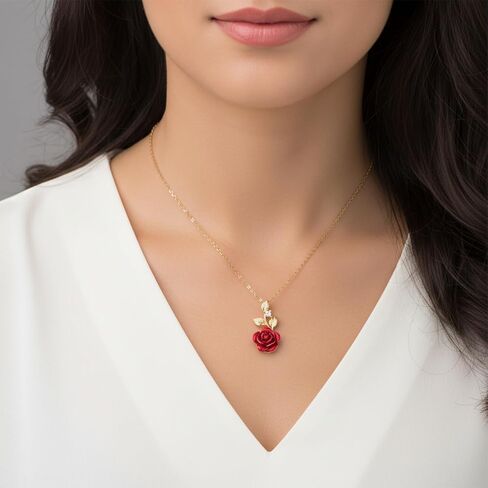 Rose Necklace, Red Rose Necklace Gold Jewelry for Women Aesthetic Flower Pendant for Wife Girlfriend Dainty Necklaces for Birthday Valentine Gift Cute Red Floral Necklaces in Saudi Arabia