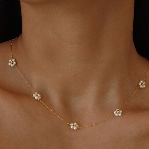 Dainty Pearl Flower Necklaces for Women 14k Gold-Tone Plating White Tiny Daisy Faux Pearl Beaded Chain Flower Choker Necklace Trendy Simple for Women Bride Necklace Wedding Jewelry in Kuwait