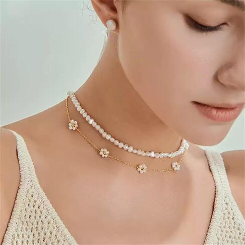 Dainty Pearl Flower Necklaces for Women 14k Gold-Tone Plating White Tiny Daisy Faux Pearl Beaded Chain Flower Choker Necklace Trendy Simple for Women Bride Necklace Wedding Jewelry in Kuwait