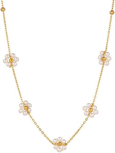 Dainty Pearl Flower Necklaces for Women 14k Gold-Tone Plating White Tiny Daisy Faux Pearl Beaded Chain Flower Choker Necklace Trendy Simple for Women Bride Necklace Wedding Jewelry in Kuwait