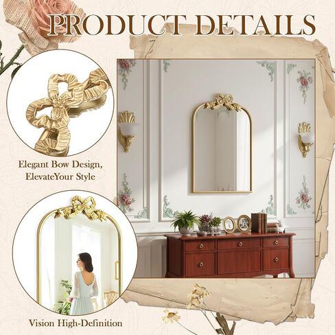 vercraft الذهب القوس مرآة 27 "× 19" خمر مقوس الغرور مرآة ديكور الجدار مع إطار معدني العتيقة الباروك القوس ديكور للمنزل خلع الملابس الجدول مدخل الحمام مدخل غرفة المعيشة in Kuwait
