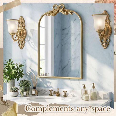 vercraft الذهب القوس مرآة 27 "× 19" خمر مقوس الغرور مرآة ديكور الجدار مع إطار معدني العتيقة الباروك القوس ديكور للمنزل خلع الملابس الجدول مدخل الحمام مدخل غرفة المعيشة in Kuwait