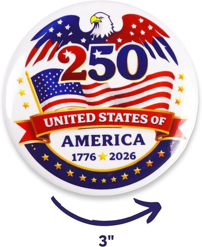 United States of America 250th Anniversary Button, Patriotic American Pinback, Festive Brooch Accessory, 3 Inches (Pack of 3) in Kuwait