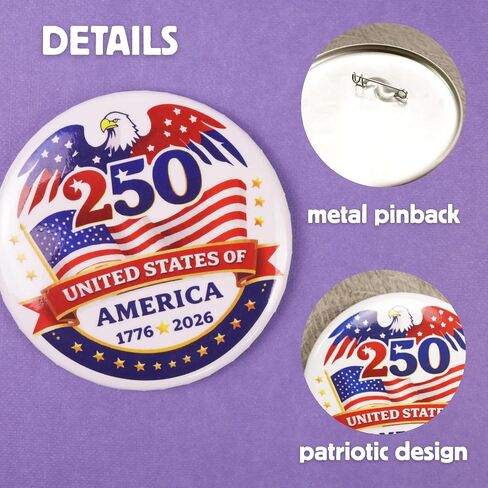 United States of America 250th Anniversary Button, Patriotic American Pinback, Festive Brooch Accessory, 3 Inches (Pack of 3) in Kuwait