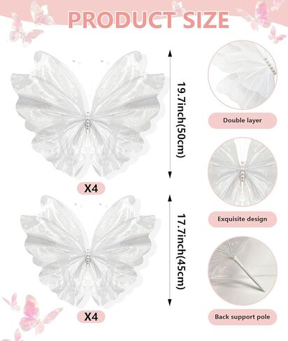 White Giant Butterfly Decorations Set - 8 PCS Large 3D Butterfly Wall Decor (4pcs 45cm & 4pcs 55cm) with 1 Roll Double-Sided Tape for Baby Shower Birthday Wedding Nursery Bedroom Wall Decor in Saudi Arabia