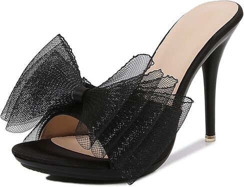Women'S Sexy Mesh Bow Stiletto Slides Sandals Fashion Round Open Toe Tulle Bow Slip On High Heel Prom Mule Sandals For Party Wedding in Saudi Arabia