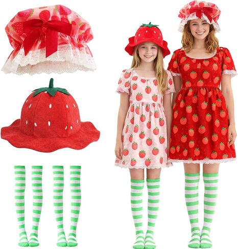 Simple polymer 4 Pcs Strawberry Hat for Women Strawberry Cake Costume Include Strawberry Hat Striped Stockings for Women Halloween Party Dress Up in Saudi Arabia