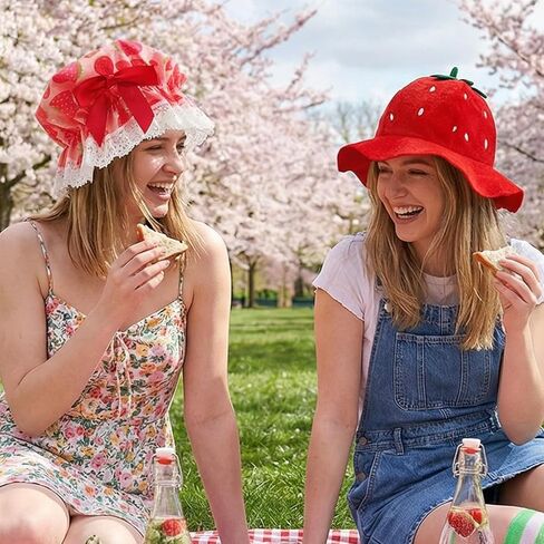 Simple polymer 4 Pcs Strawberry Hat for Women Strawberry Cake Costume Include Strawberry Hat Striped Stockings for Women Halloween Party Dress Up in Saudi Arabia