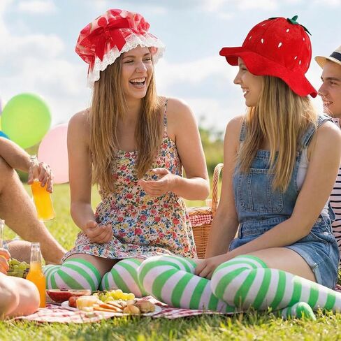 Simple polymer 4 Pcs Strawberry Hat for Women Strawberry Cake Costume Include Strawberry Hat Striped Stockings for Women Halloween Party Dress Up in Saudi Arabia