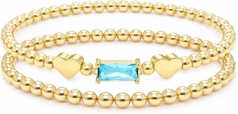 Dainty Birthstone Bracelets for Women - Stretch Elastic 14K-Gold-Plated Bead Bracelet Trendy Heart Friendship Bracelets Stack Birthday Gifts Trendy Stuff Valentines Day Gifts for Her in Saudi Arabia
