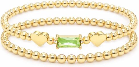Dainty Birthstone Bracelets for Women - Stretch Elastic 14K-Gold-Plated Bead Bracelet Trendy Heart Friendship Bracelets Stack Birthday Gifts Trendy Stuff Valentines Day Gifts for Her in Saudi Arabia