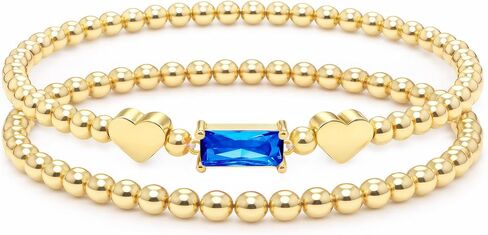 Dainty Birthstone Bracelets for Women - Stretch Elastic 14K-Gold-Plated Bead Bracelet Trendy Heart Friendship Bracelets Stack Birthday Gifts Trendy Stuff Valentines Day Gifts for Her in Saudi Arabia