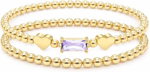 Dainty Birthstone Bracelets for Women - Stretch Elastic 14K-Gold-Plated Bead Bracelet Trendy Heart Friendship Bracelets Stack Birthday Gifts Trendy Stuff Valentines Day Gifts for Her in Saudi Arabia