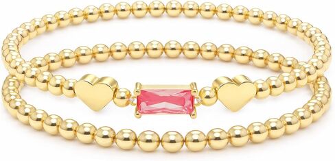 Dainty Birthstone Bracelets for Women - Stretch Elastic 14K-Gold-Plated Bead Bracelet Trendy Heart Friendship Bracelets Stack Birthday Gifts Trendy Stuff Valentines Day Gifts for Her in Saudi Arabia