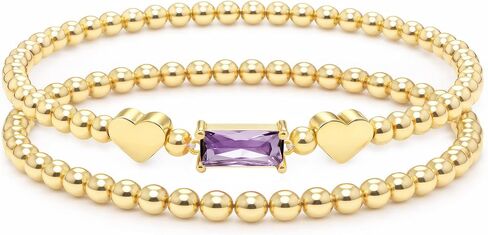 Dainty Birthstone Bracelets for Women - Stretch Elastic 14K-Gold-Plated Bead Bracelet Trendy Heart Friendship Bracelets Stack Birthday Gifts Trendy Stuff Valentines Day Gifts for Her in Saudi Arabia
