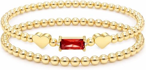 Dainty Birthstone Bracelets for Women - Stretch Elastic 14K-Gold-Plated Bead Bracelet Trendy Heart Friendship Bracelets Stack Birthday Gifts Trendy Stuff Valentines Day Gifts for Her in Saudi Arabia
