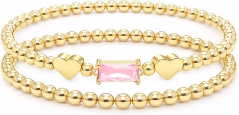 Dainty Birthstone Bracelets for Women - Stretch Elastic 14K-Gold-Plated Bead Bracelet Trendy Heart Friendship Bracelets Stack Birthday Gifts Trendy Stuff Valentines Day Gifts for Her in Saudi Arabia