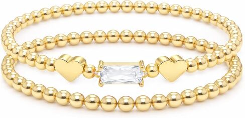 Dainty Birthstone Bracelets for Women - Stretch Elastic 14K-Gold-Plated Bead Bracelet Trendy Heart Friendship Bracelets Stack Birthday Gifts Trendy Stuff Valentines Day Gifts for Her in Saudi Arabia